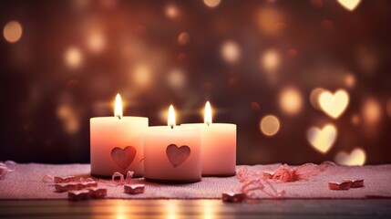 Candlelit romance: soft flickering candles against a background of blurred lights, creating an enchanting ambiance for a perfect Valentine's Day.