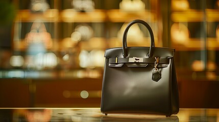 luxury leather handbag with handle on blurry background