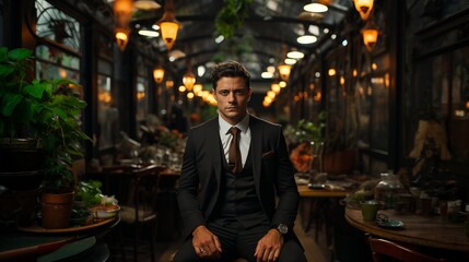 A respectable guy in a suit sits in an old restaurant