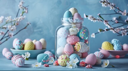 Obraz na płótnie Canvas a glass jar filled with colorful Easter cookies shaped like eggs, creating a delightful and inviting scene that embodies the joy of the season.