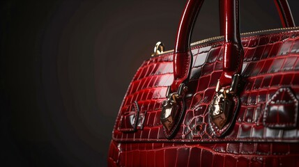 luxury red leather handbag with handle isolated on grey