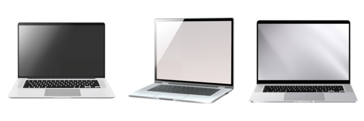 Silver laptop with blank screen on transparent background