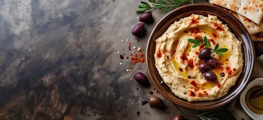 close up of bowl of fresh organic hummus Lebanese arabic dish with olives paste dip pita bread herbs paprika for protein appetizer lunch dinner in magazine editorial studio look healthy creamy diet - obrazy, fototapety, plakaty