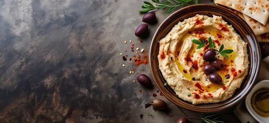 Fotobehang close up of bowl of fresh organic hummus Lebanese arabic dish with olives paste dip pita bread herbs paprika for protein appetizer lunch dinner in magazine editorial studio look healthy creamy diet © MaryAnn