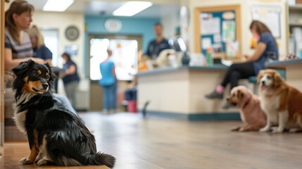 Dogs with Their Owners Waiting Inside a Veterinary Clinic.