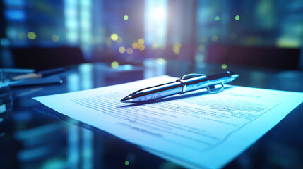 pen  on document, people, writing, contract, paper, closeup, meeting, table, work, signing deal board member background 