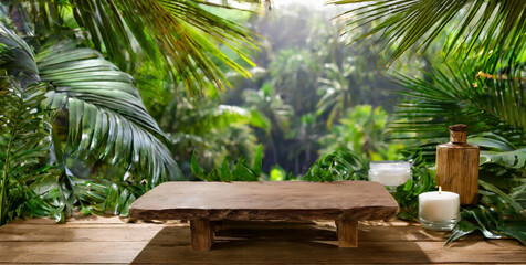Fototapeta premium Empty wooden table with candle, for product presentation, background of a forest landscape, mockup for presenting a natural product.