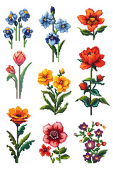 retro vintage pixel art old game graphics set bundle of flowers floral botanical icons symbols pixelated isolated garden plants 90s video game nostalgia look