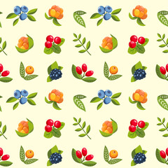 Summer forest berries. Blueberries, blackberries, cloydberries and cowberries. Pattern. Flat vector modern design on a light background.