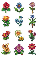 retro vintage pixel art old game graphics set bundle of flowers floral botanical icons symbols pixelated isolated garden plants 90s video game nostalgia look