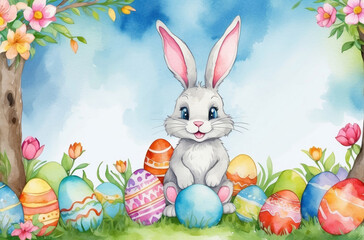 cute rabbit and easter eggs watercolor background