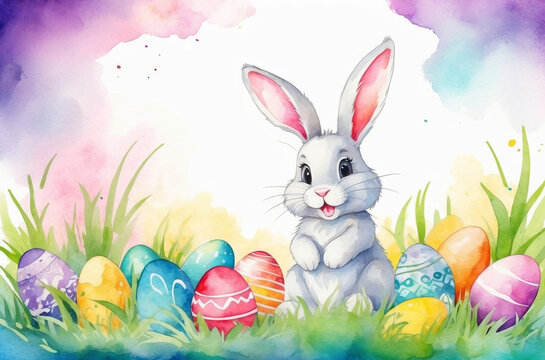 cute rabbit and easter eggs watercolor background