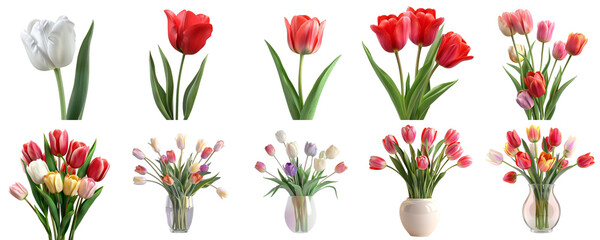 Tulip set collection in 3d png transparent using for presentation.