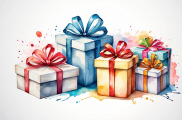 Fototapeta na wymiar gift box with ribbon watercolor background