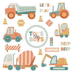 Cute vector set with toy construction equipment for a little boy in bright colours