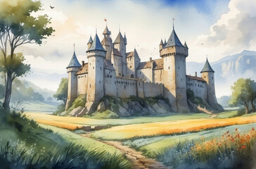 Fototapeta na wymiar old castle landscape watercolor background