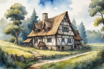 Fototapeta na wymiar old house in the forest watercolor