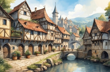 Fototapeta na wymiar medieval city watercolor background
