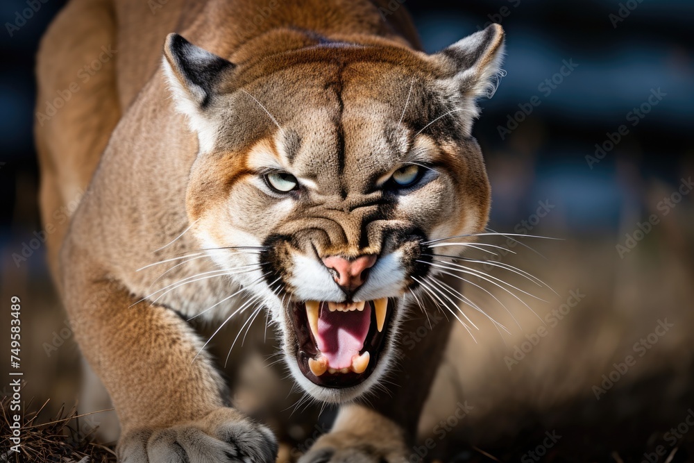 Wall mural Roaring cougar or mountain lion hunts its prey