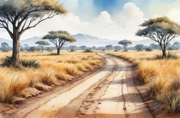 Foto op Aluminium trees and meadow in the savannah watercolor art background © Magic Art