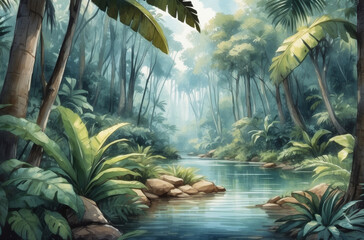 trees in the jungle watercolor art background