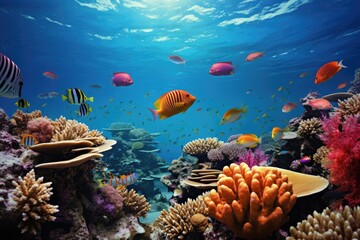 Fish over a coral reef in the sea.