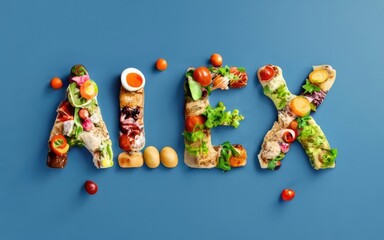 Delicious and nutritious food ingredients arranged in a creative way to form the name Alex. - obrazy, fototapety, plakaty