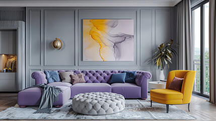 Luxury interior with pale violet sofa and yellow armchair. Quiet luxury concept.
