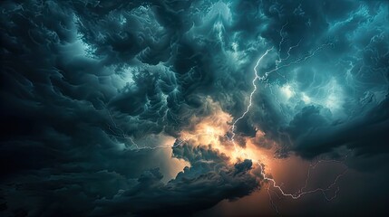 dramatic moment of a lightning strike across the dark cloudy sky.