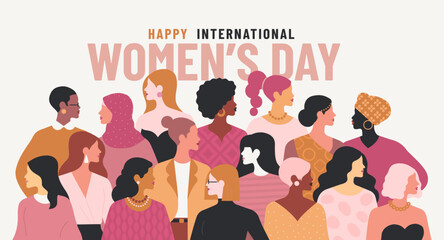 Happy International Women's Day concept. Vector horizontal illustration in modern flat style of a big group of diverse multiracial women. Isolated on white background