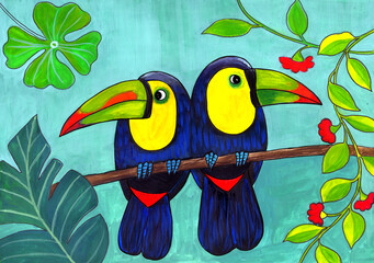 Toucan birds. Illustrations for greeting cards, fabric, kitchen textiles, wallpaper or wrapping paper. Use printed materials, signs, objects, websites, - 749584005