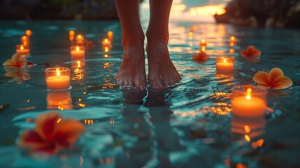 a woman s feet are standing in the water surrounded by candles and flowers