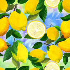 Lemons and leaves - seamless pattern. Watercolor background illustrations for greeting cards, fabric, kitchen textiles, wallpaper or wrapping paper. Use printed materials, signs, objects, websites,