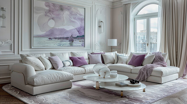  Luxury living room with white couch and pale violet pillows. Quiet luxury concept.