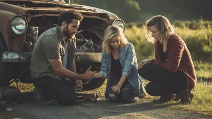 Fotobehang Trio of travelers stranded by the side of the road with a broken-down car © AlexanderD