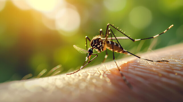 Mosquitoes on the skin. Mosquitoes attack in tropical forests. Insect repellent. Prevention of malaria and dengue fever.