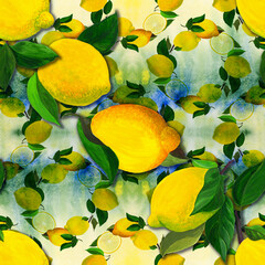 Lemons and leaves - seamless pattern. Watercolor background illustrations for greeting cards, fabric, kitchen textiles, wallpaper or wrapping paper. Use printed materials, signs, objects, websites, - 749584400