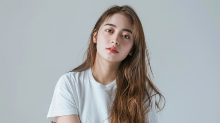 Naklejka premium A brunette model with long hair strikes a glamorous pose in a studio portrait