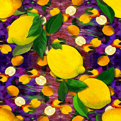 Lemons and leaves - seamless pattern. Watercolor background illustrations for greeting cards, fabric, kitchen textiles, wallpaper or wrapping paper. Use printed materials, signs, objects, websites, - 749584448