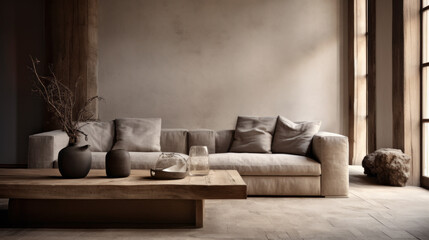 A chic living room with a textured wall finish, a wood coffee table, and a cozy sofa