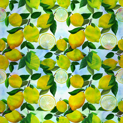 Lemons and leaves - seamless pattern. Watercolor background illustrations for greeting cards, fabric, kitchen textiles, wallpaper or wrapping paper. Use printed materials, signs, objects, websites, - 749584480