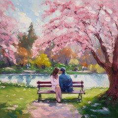 Couple Sitting Under Cherry Blossom Tree in Full Bloom by the River in Park