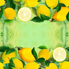 Lemons and leaves - seamless pattern. Watercolor background illustrations for greeting cards, fabric, kitchen textiles, wallpaper or wrapping paper. Use printed materials, signs, objects, websites, - 749584623