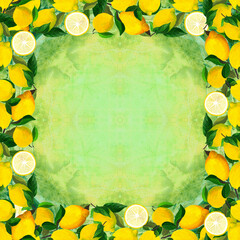 Lemons and leaves - seamless pattern. Watercolor background illustrations for greeting cards, fabric, kitchen textiles, wallpaper or wrapping paper. Use printed materials, signs, objects, websites, - 749584637