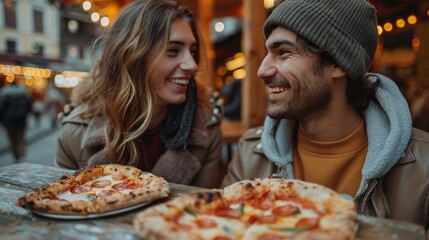 Man and Woman Eating Pizza at Table