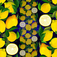 Lemons and leaves - seamless pattern. Watercolor background illustrations for greeting cards, fabric, kitchen textiles, wallpaper or wrapping paper. Use printed materials, signs, objects, websites, - 749584668
