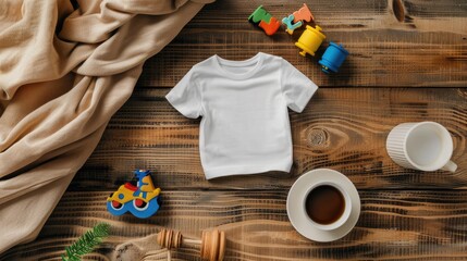 a plain white Unisex softstyle T-shirt, accompanied by a coffee cup and a selection of kid toys arranged artfully on a rustic wood background, offering a charming blend of comfort and playfulness.