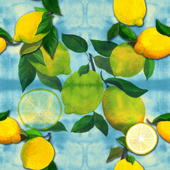 Lemons and leaves - seamless pattern. Watercolor background illustrations for greeting cards, fabric, kitchen textiles, wallpaper or wrapping paper. Use printed materials, signs, objects, websites, - 749584841