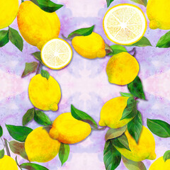 Lemons and leaves - seamless pattern. Watercolor background illustrations for greeting cards, fabric, kitchen textiles, wallpaper or wrapping paper. Use printed materials, signs, objects, websites, - 749584859