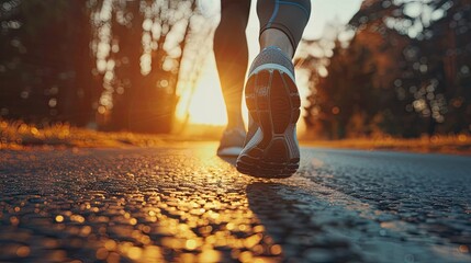 athlete runner feet on the road at sunrise